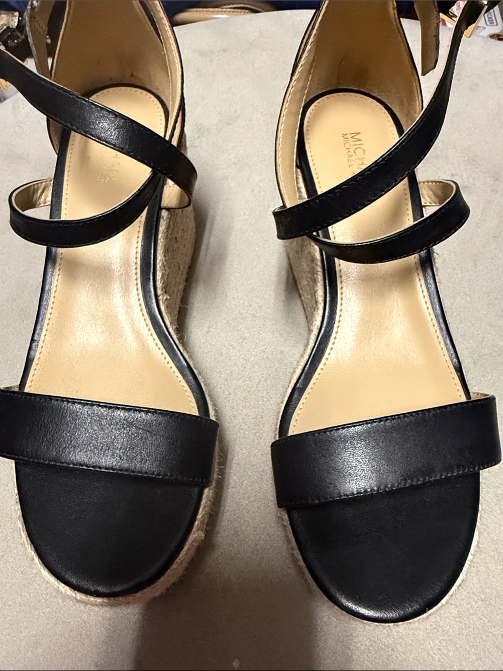 Michael Kors Black Leather Espadrille Wedge Sandals